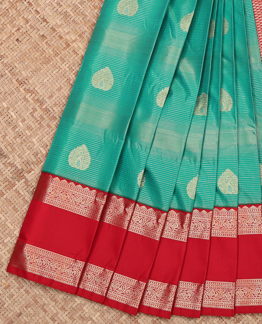 Green Budget Silk Saree, Decorated with Zari Buttas and Stripes, Complemented by a Contrast Traditional Zari Design Rettai Pettu Border, Grand Pallu, and a Contrast Blouse