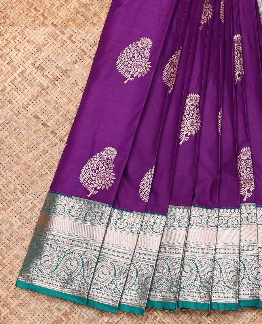 Purple Budget Silk Saree, Mesmerized with Zari Buttas, Complemented by a Contrast Traditional Zari Border, Pallu of Paisleys, and a Contrast Blouse