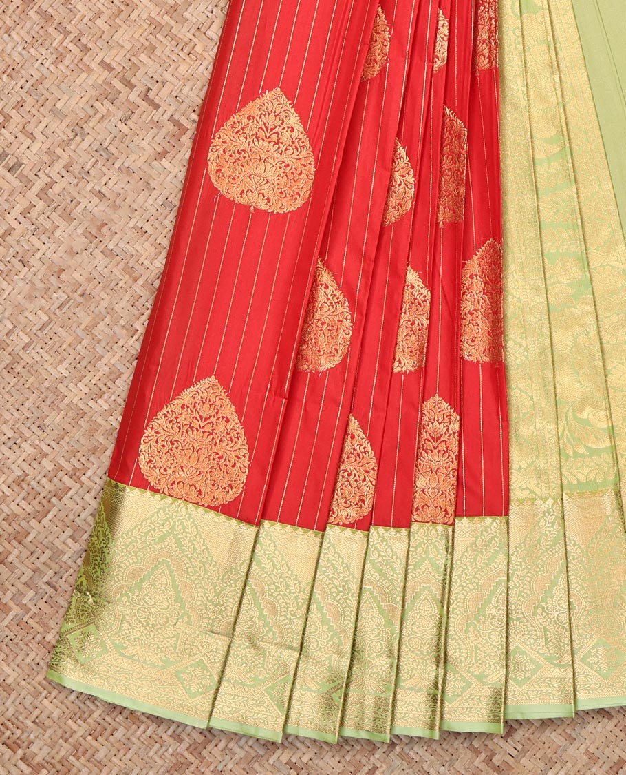 Rust Budget Silk Saree, Delicately Woven with Zari Buttas and Stripes, Complemented by Contrast Traditional Zari Border, Grand Pallu and a Contrast Blouse