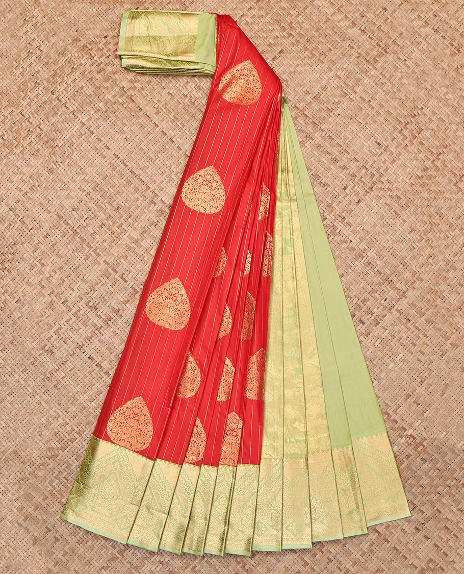 Rust Budget Silk Saree, Delicately Woven with Zari Buttas and Stripes, Complemented by Contrast Traditional Zari Border, Grand Pallu and a Contrast Blouse