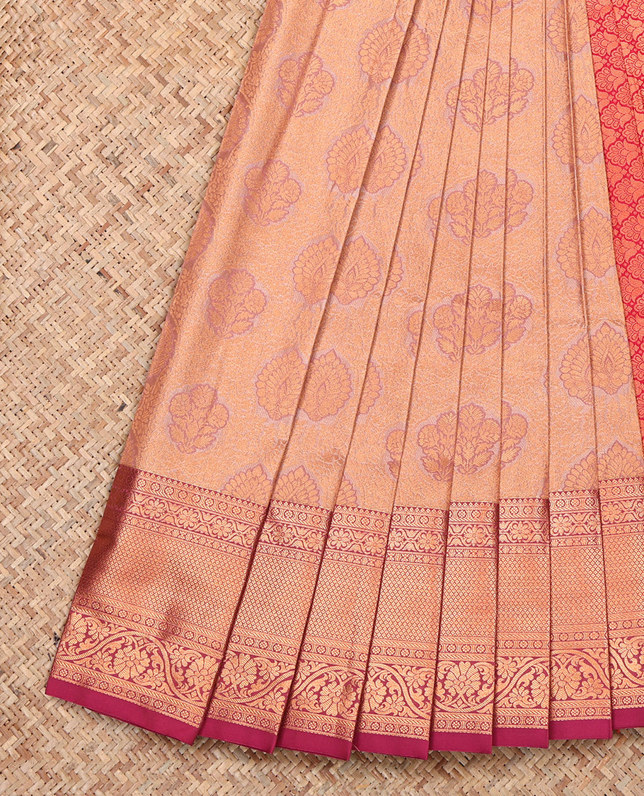 Peach Budget Silk Saree, Subtly Sparkled With Jacquard Design, Complemented by Contrast Traditional Zari Border, Grand Pallu and a Contrast Blouse