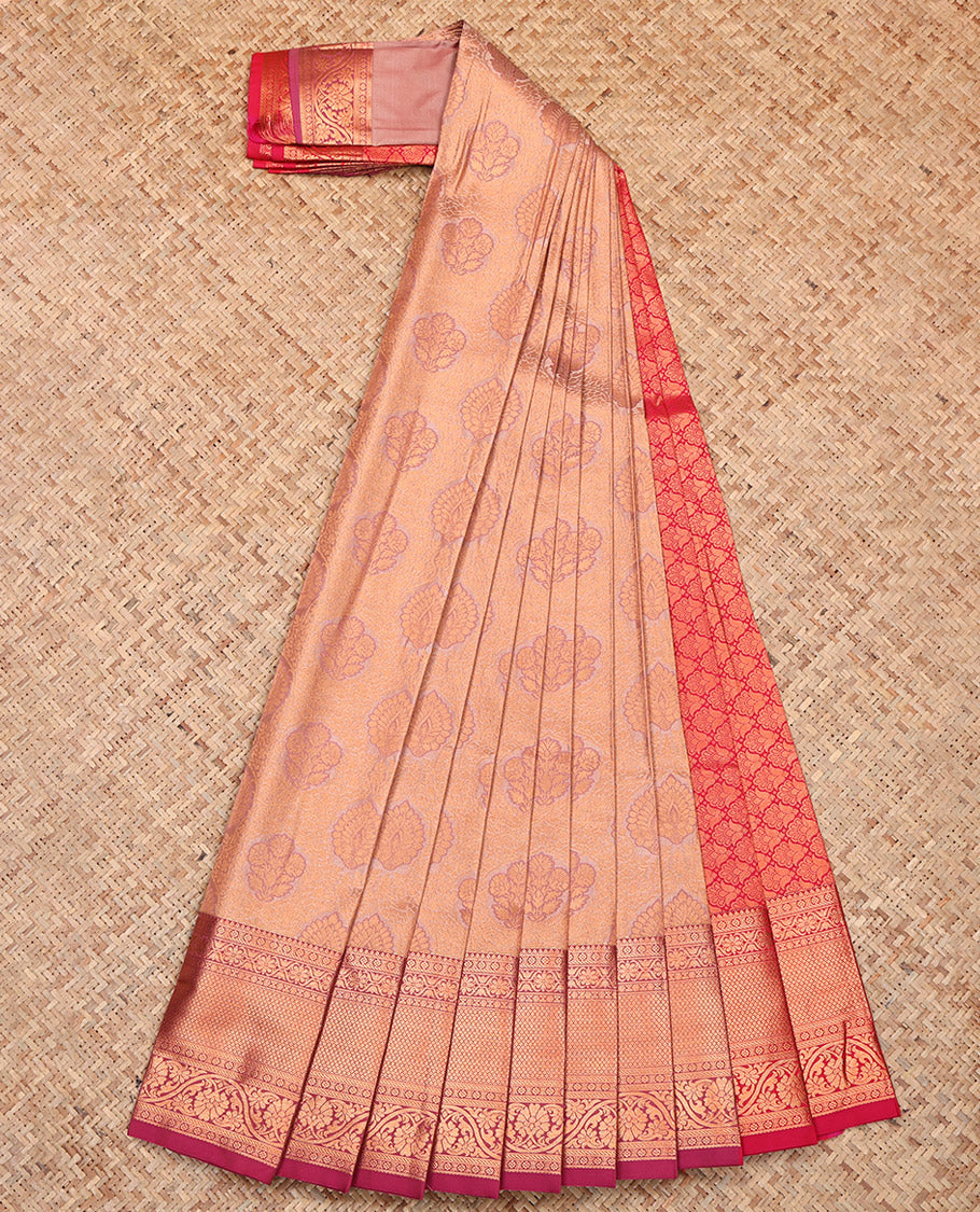 Peach Budget Silk Saree, Subtly Sparkled With Jacquard Design, Complemented by Contrast Traditional Zari Border, Grand Pallu and a Contrast Blouse