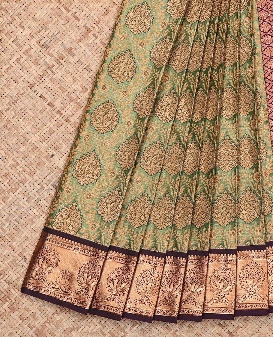 Green Budget Silk Saree, Prettified with Jacquard, Complemented by a Contrast Traditional Zari Border, Grand Pallu, and a Contrast Blouse