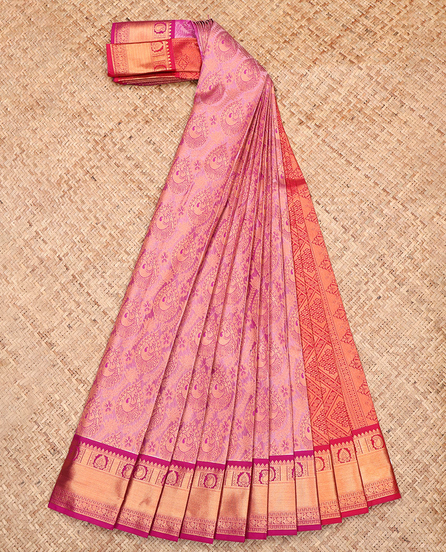 Pink Budget Silk Saree, Styled with Jacquard, a Contrast Traditional Zari Border, Jaal Pallu, and a Contrast Blouse