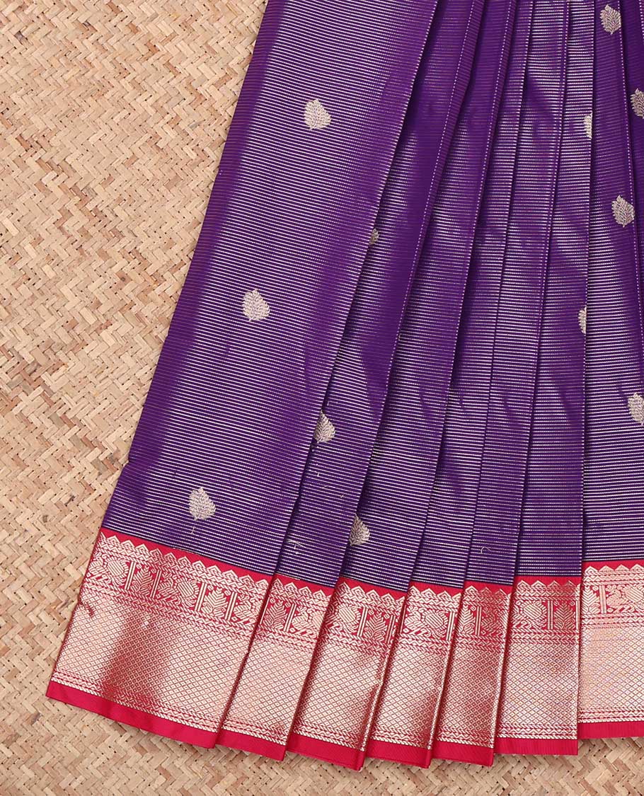 Violet Budget Silk Saree, Crafted with Zari Butta and Stripes, Complemented by a Contrast Traditional Zari Border, Jaal Pallu, and a Contrast Blouse
