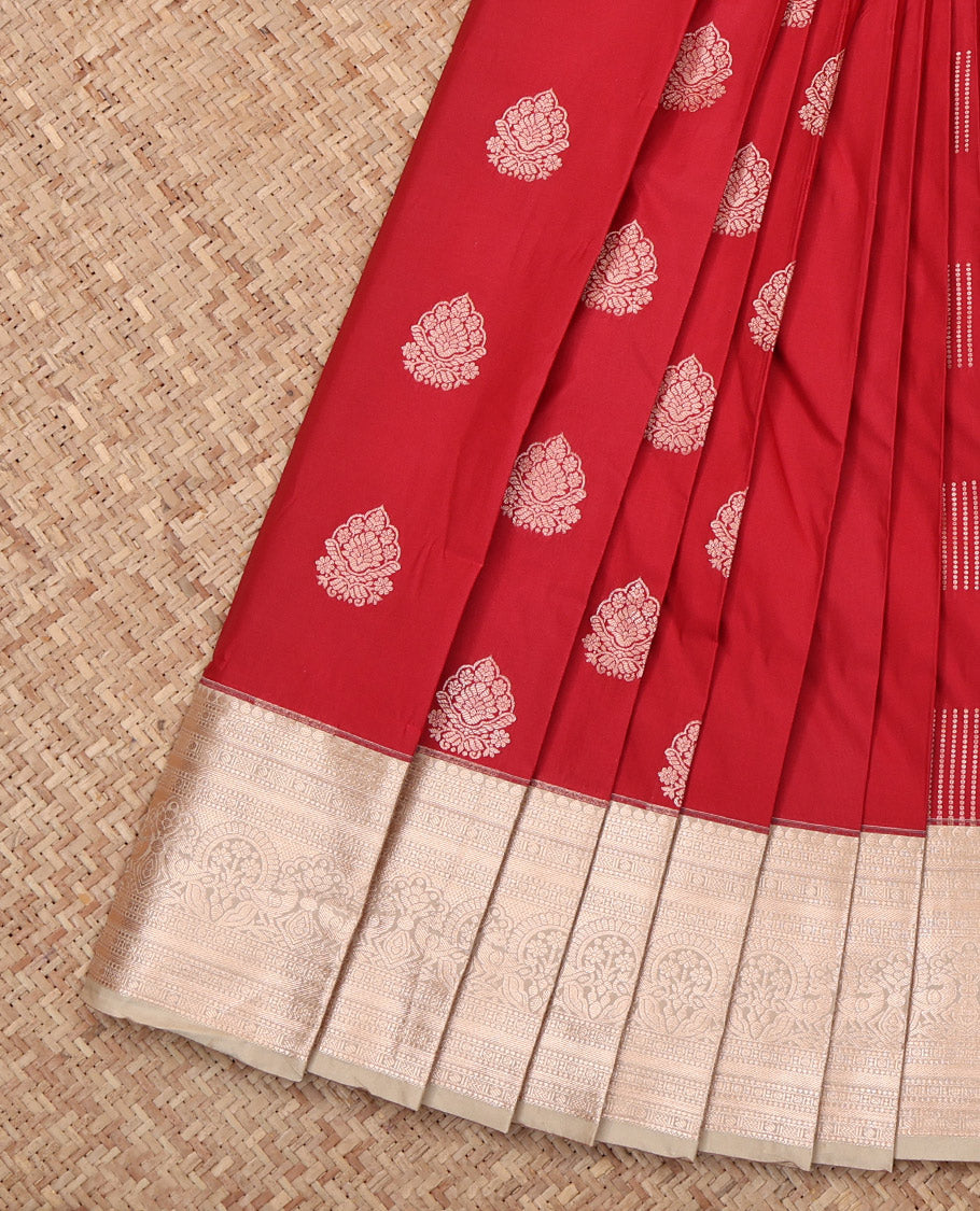 Red Budget Silk Saree, Enriched with Zari Buttas, Complemented by a Contrast Traditional Zari Border, Grand Pallu, and Contrast Blouse