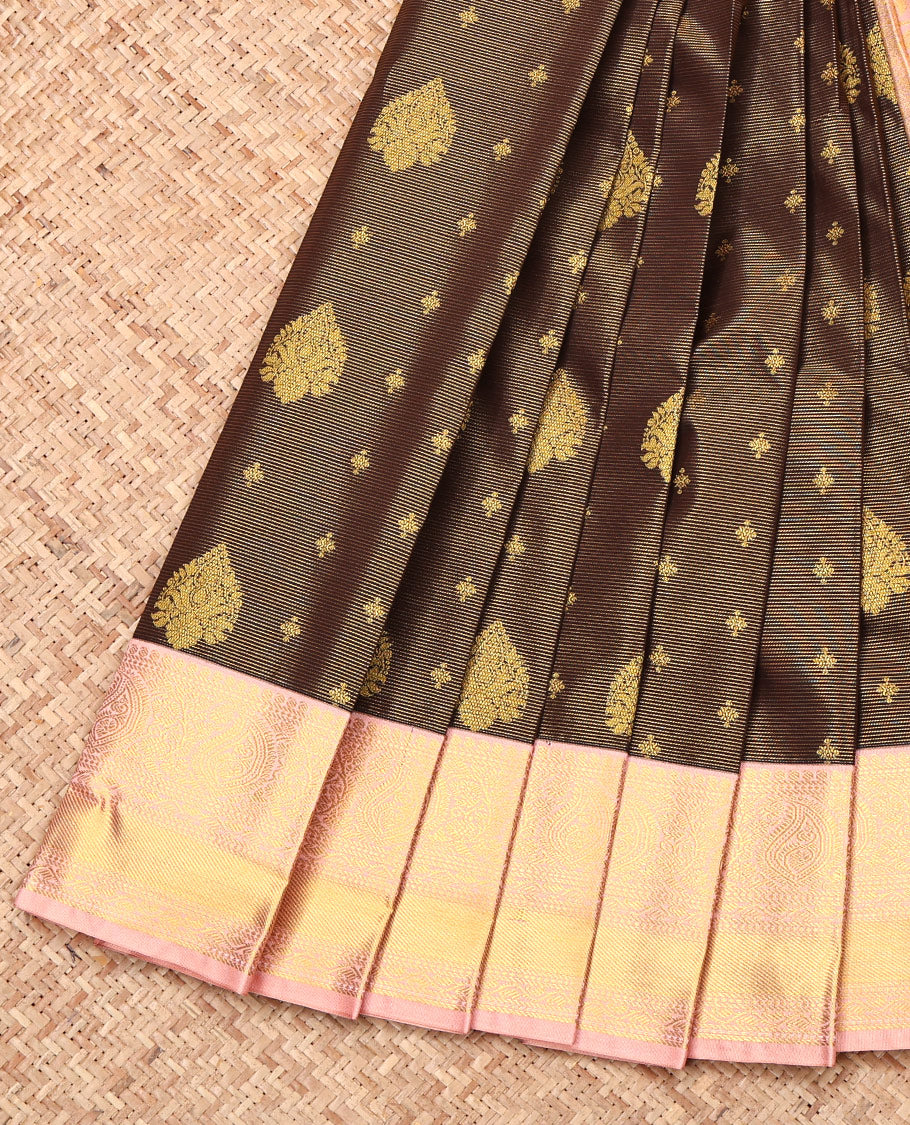 Brown Budget Silk Saree, Bedecked with Zari Buttas and Stripes, Complemented by a Contrast Traditional Border, Intricate Pallu, and Contrast Blouse
