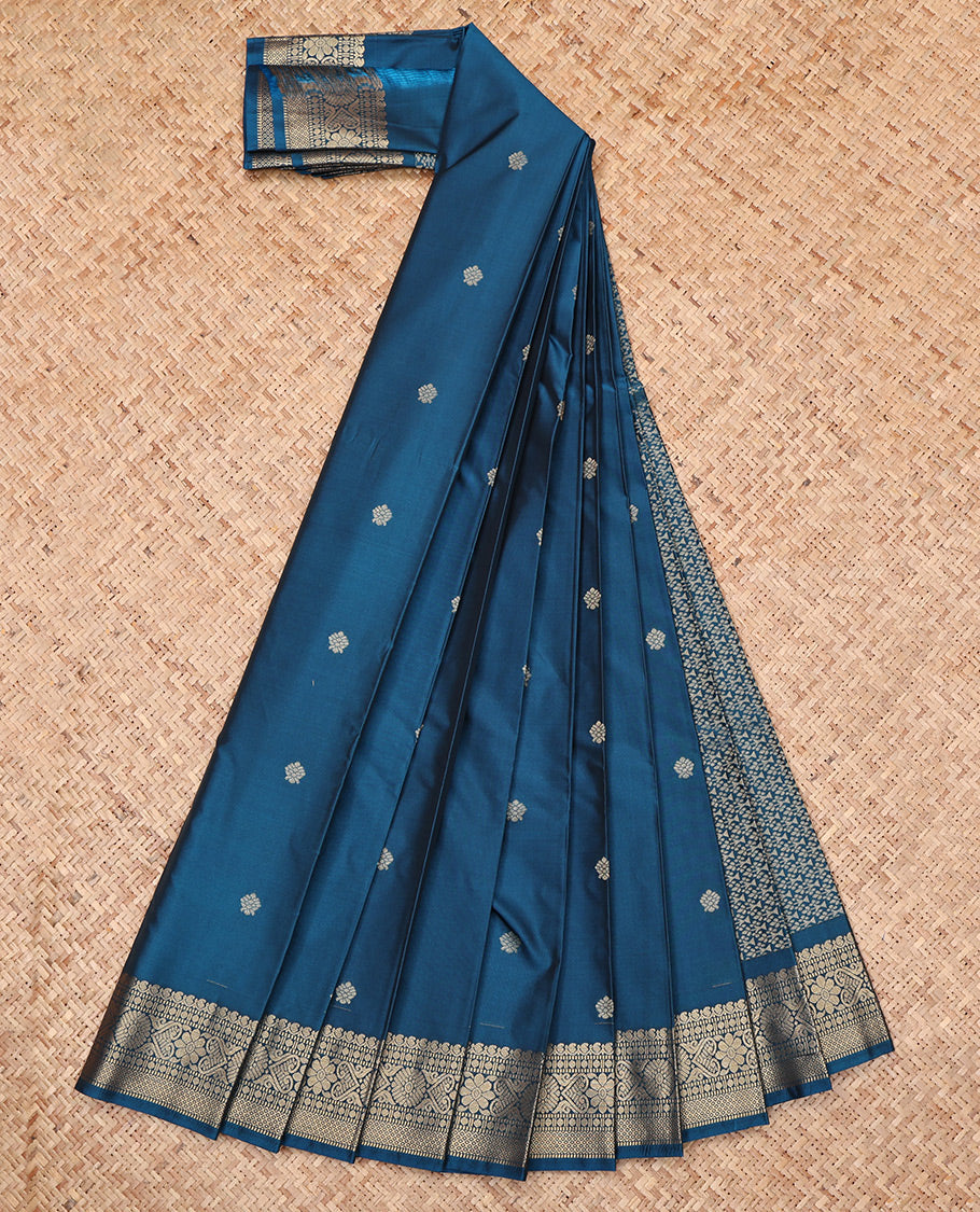 Peacock Blue Budget Silk Saree, Gracefully Embellished with Zari Buttas, Highlighted by a Traditional Zari Border, Jaal Pallu, and Matching Blouse