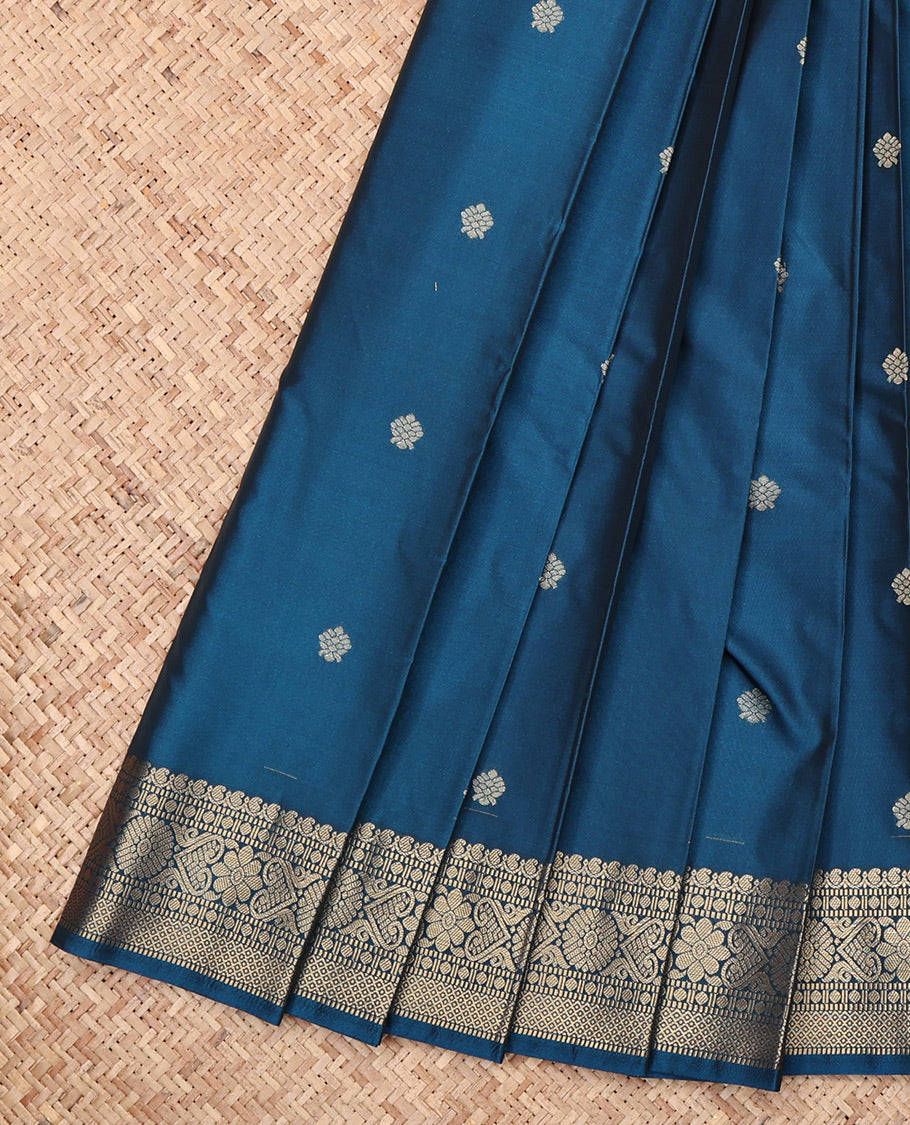 Peacock Blue Budget Silk Saree, Gracefully Embellished with Zari Buttas, Highlighted by a Traditional Zari Border, Jaal Pallu, and Matching Blouse