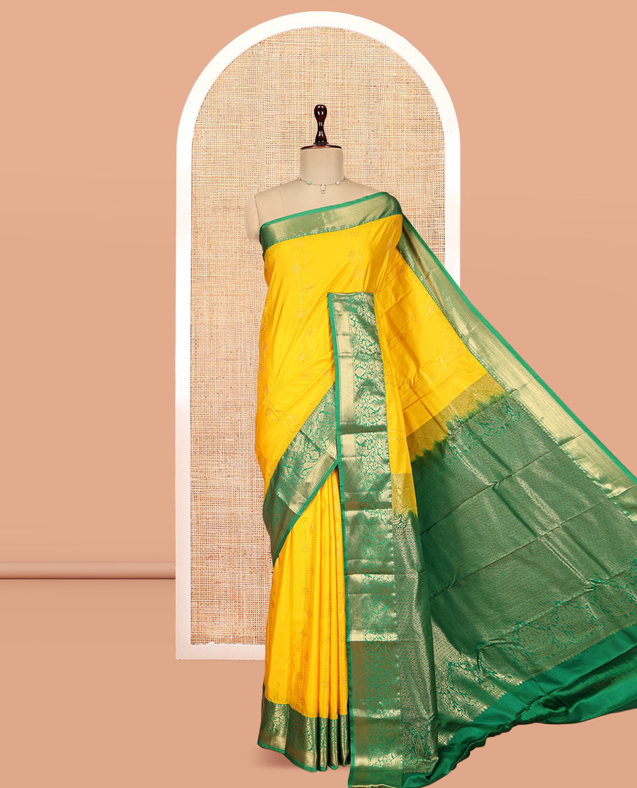 Yellow Budget Silk Saree, Subtly Sparkled with Zari Buttas, Complemented by a Contrast Traditional Border, Pallu of Intricate Designs, and a Contrast Blouse