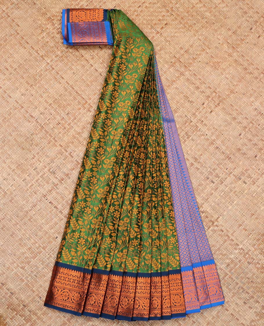 Green Budget Silk Saree, Styled with Floral Jacquard Design, Complemented by Contrast Traditional Zari Border, a Jaal Pallu and a Contrast Blouse