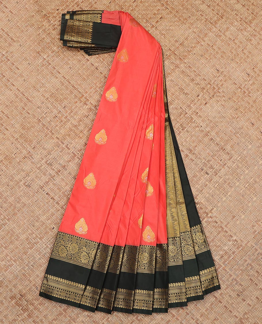 Peach Budget Silk Saree, Bedecked with Zari Buttas, a Contrast Rettai Pettu Zari Border, a Grand Pallu and a Contrast Blouse