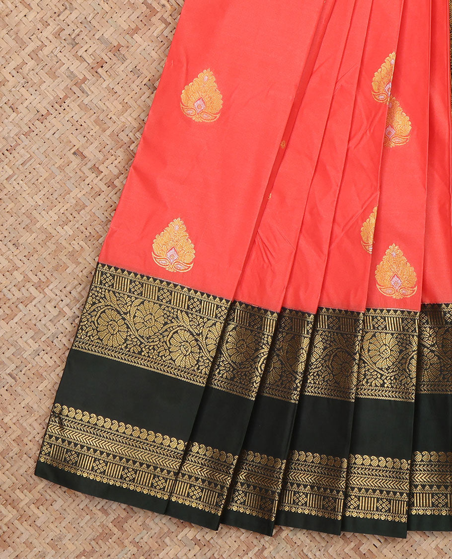 Peach Budget Silk Saree, Bedecked with Zari Buttas, a Contrast Rettai Pettu Zari Border, a Grand Pallu and a Contrast Blouse