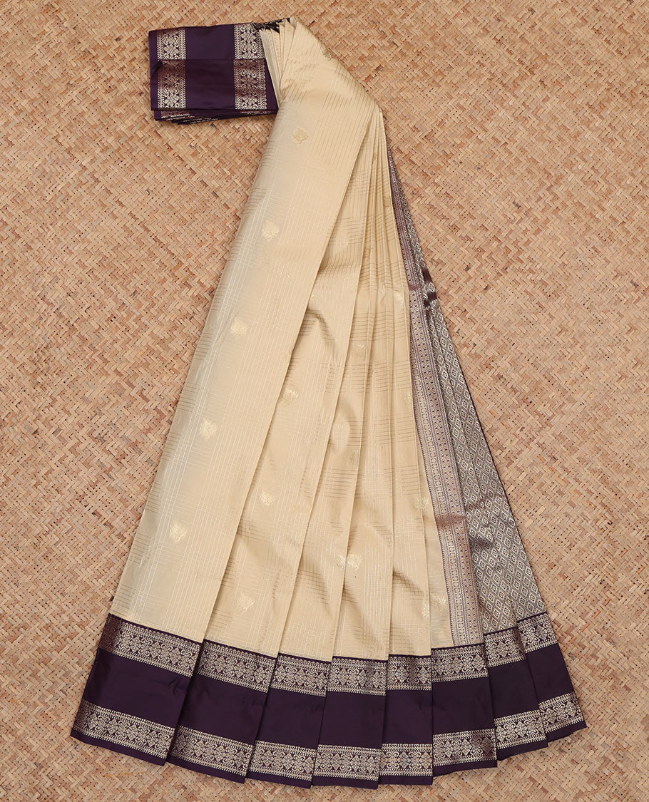 Sandal Budget Silk Saree, Crafted with Zari Buttas and Stripes, Complemented by Contrast Traditional Rettai Pettu Border, a Jaal Pallu and a Contrast Blouse