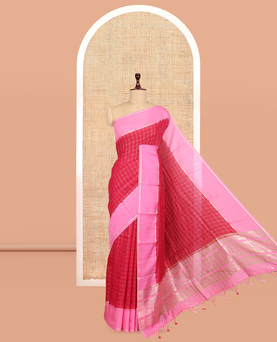 Red Assam Silk Saree, Styled with Zari Checks, Complemented by Contrast Zari Border, Zari Striped Pallu, and Contrast Blouse