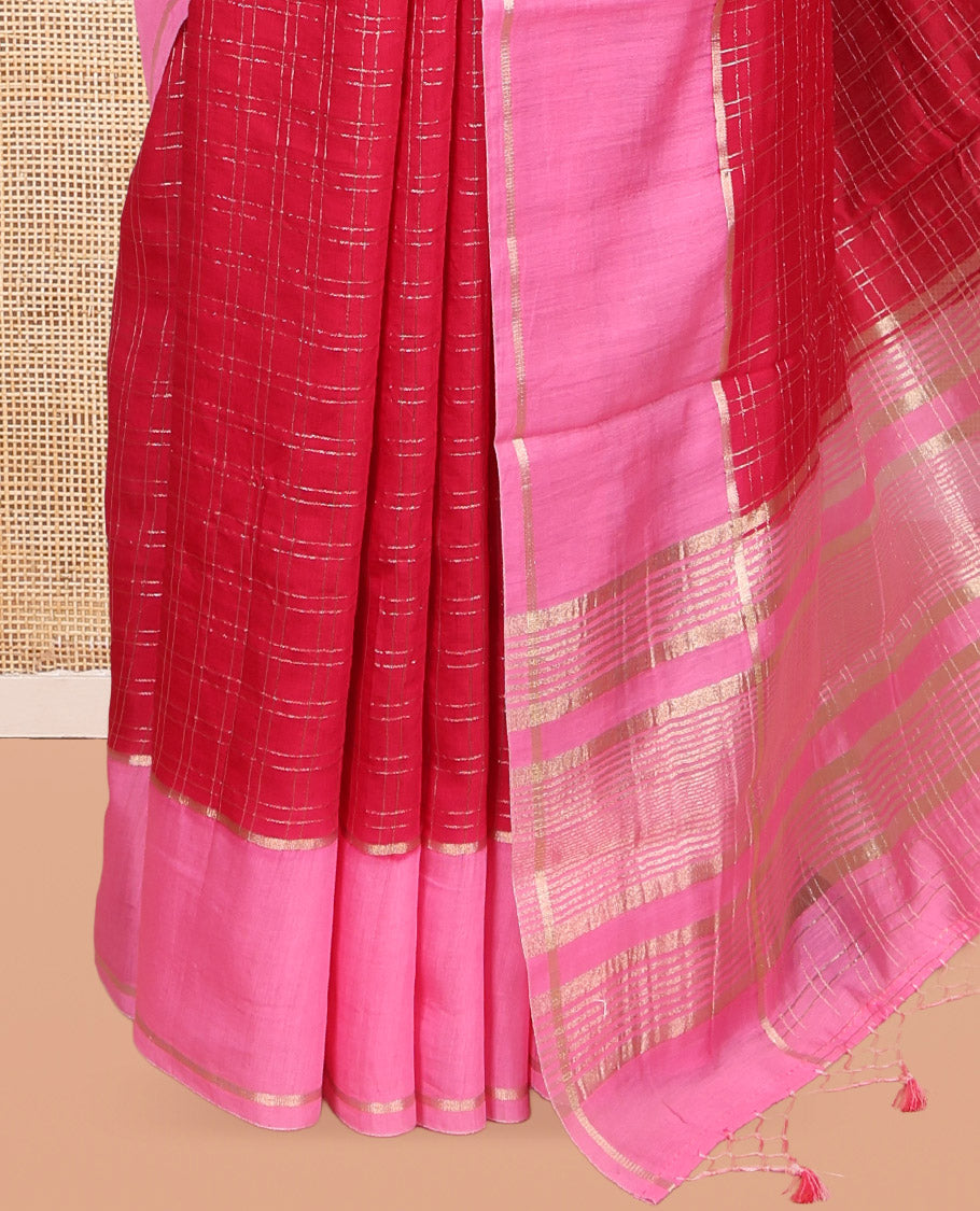 Red Assam Silk Saree, Styled with Zari Checks, Complemented by Contrast Zari Border, Zari Striped Pallu, and Contrast Blouse