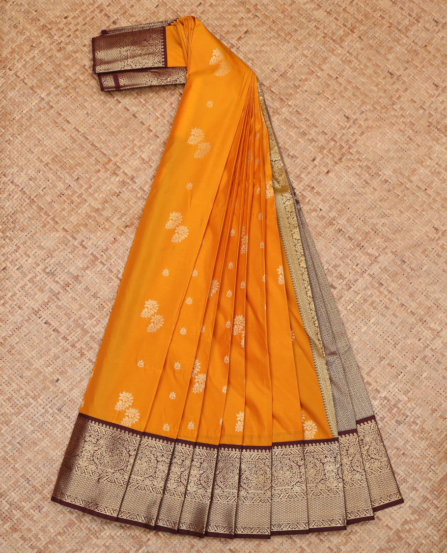 Orange Budget Silk Saree, Woven with Zari Buttas, a Contrast Traditional Zari Border, Grand Pallu, and a Contrast Blouse