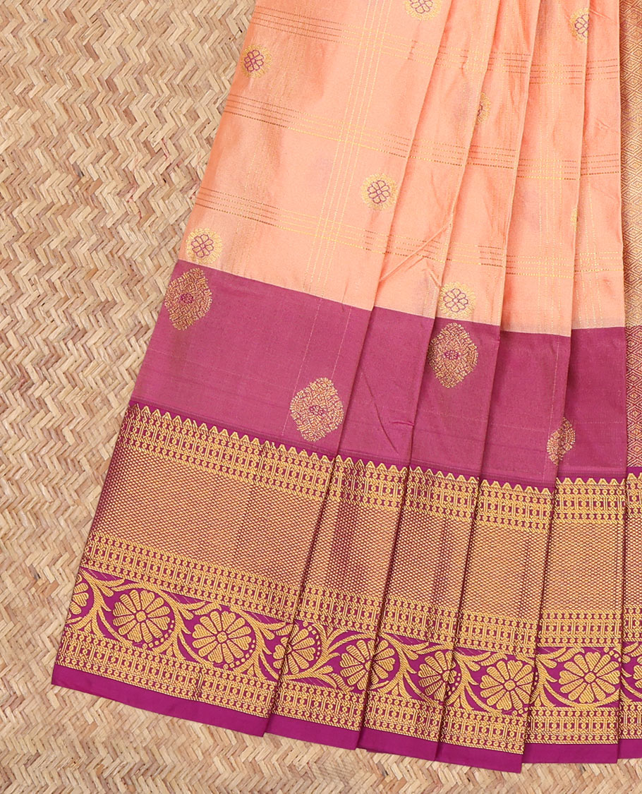 Sandal Budget Silk Saree, Elevated with Zari Buttas Enclosed Checks, a Contrast Traditional Zari Border, Grand Pallu, and a Contrast Blouse