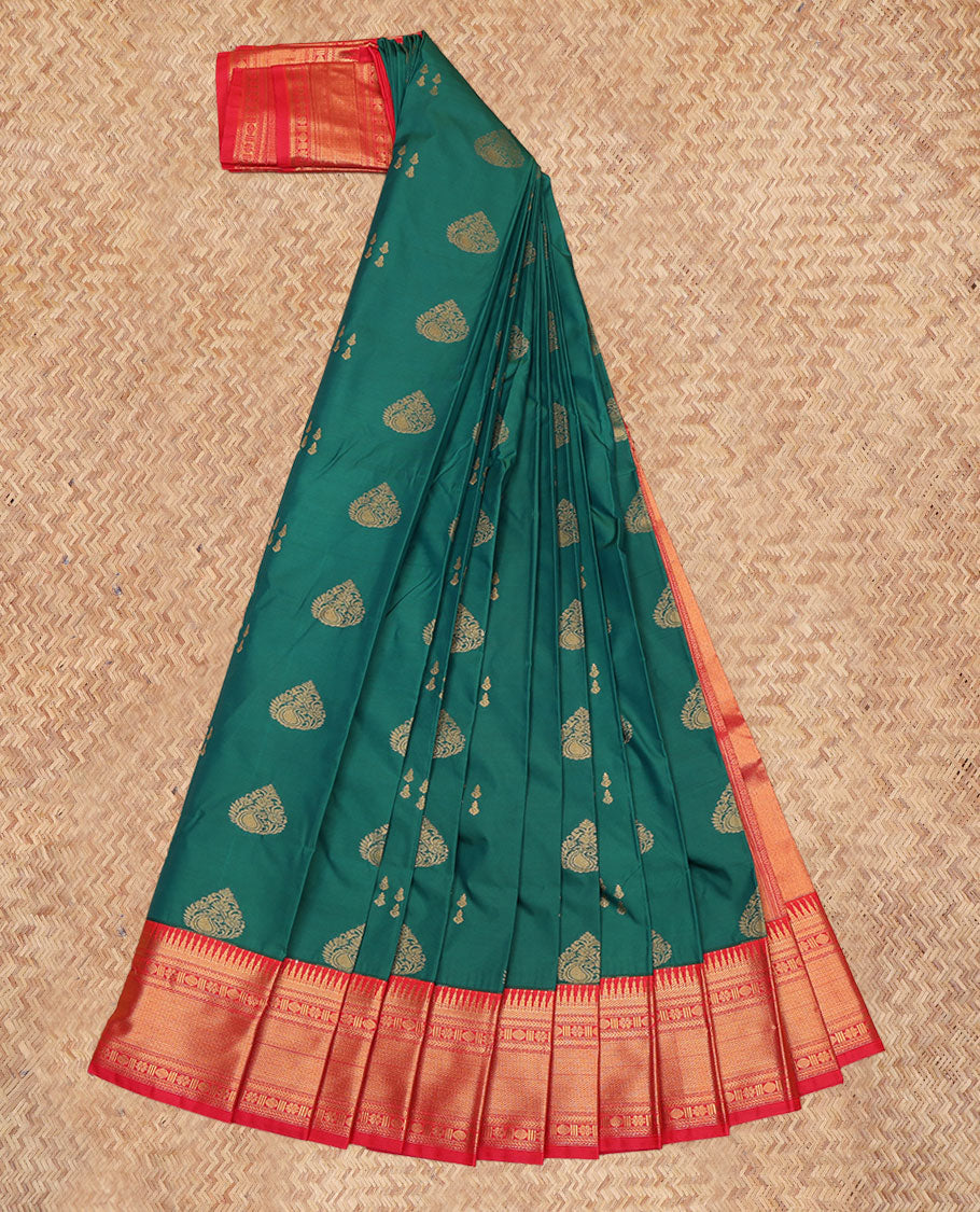 Green Budget Silk Saree, Woven with Zari Buttas, a Contrast Traditional Rettai Pettu Border, Intricate Pallu, and a Contrast Blouse