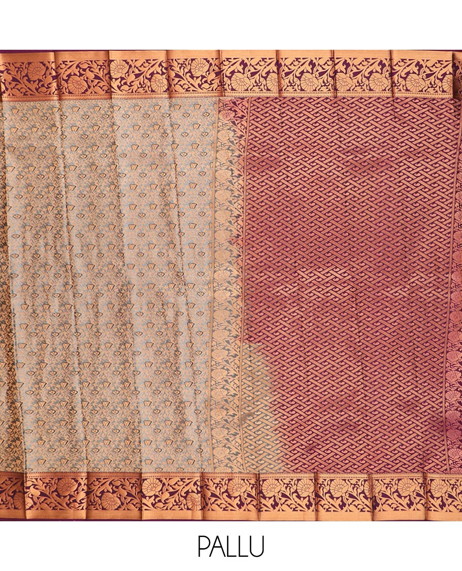 Grey floral jaal jacquard gift saree, contrast floral creeper zari border, and pallu of paisley designs