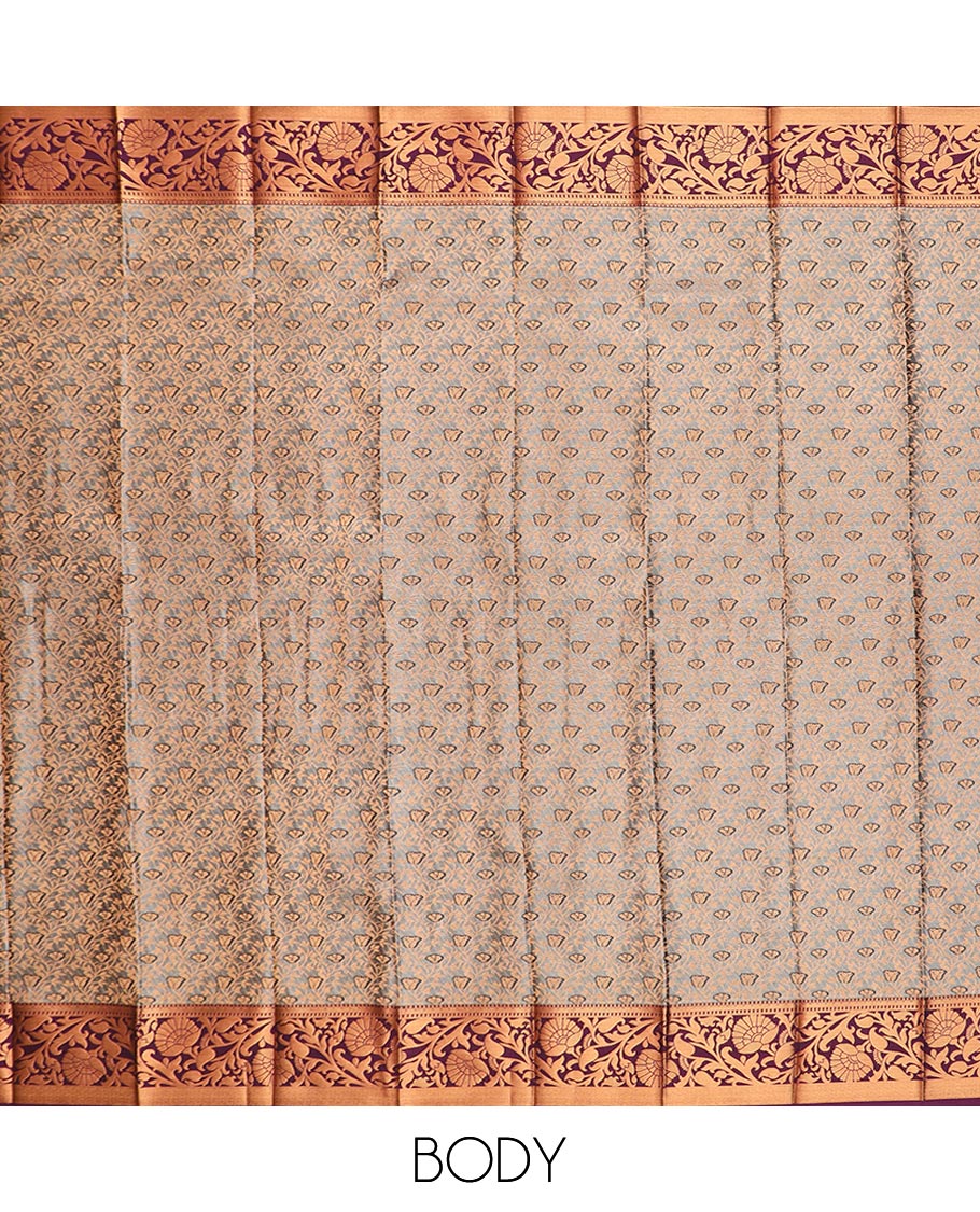 Grey floral jaal jacquard gift saree, contrast floral creeper zari border, and pallu of paisley designs