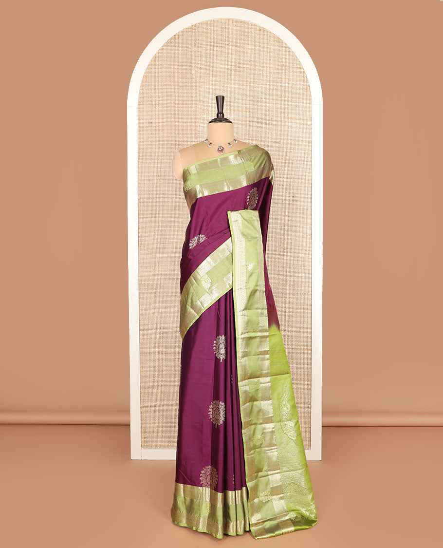 Maroon zari buttas budget silk saree, contrast traditional zari border, and intricate pallu