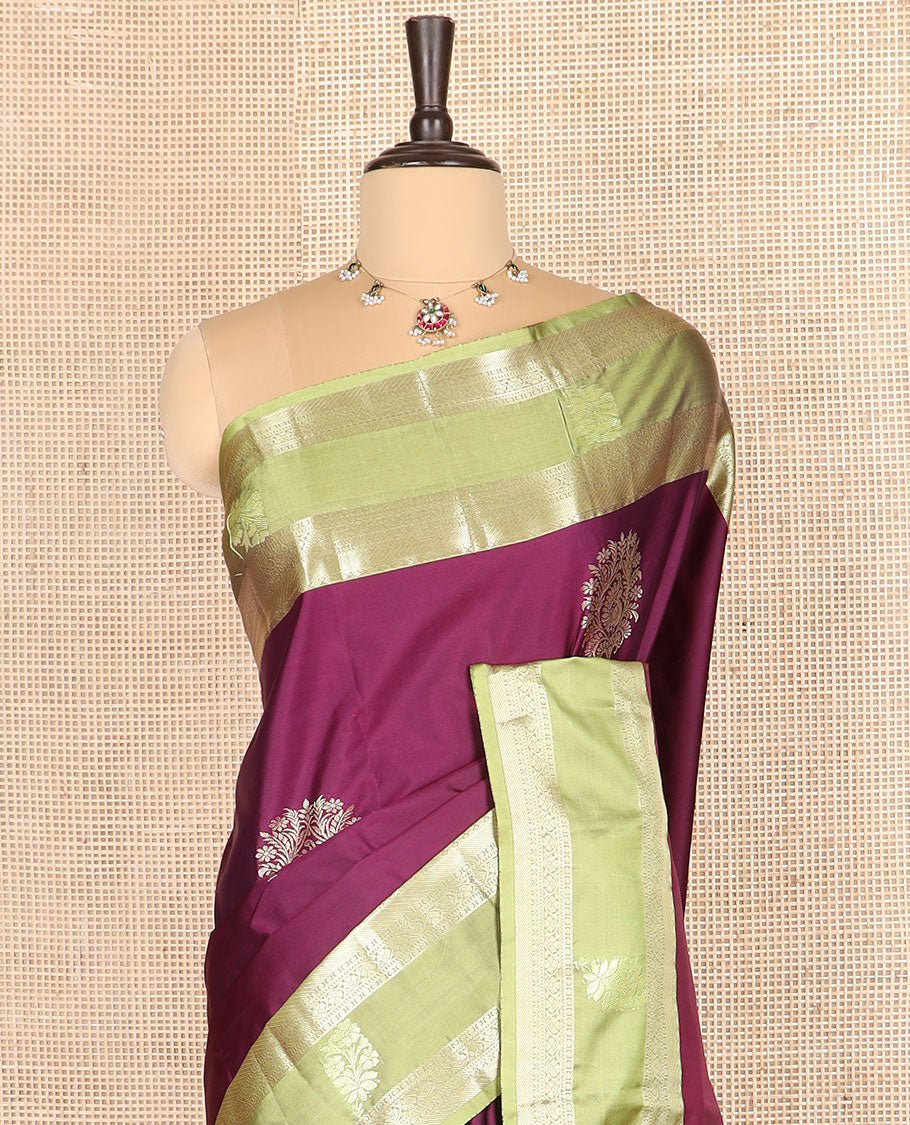 Maroon zari buttas budget silk saree, contrast traditional zari border, and intricate pallu