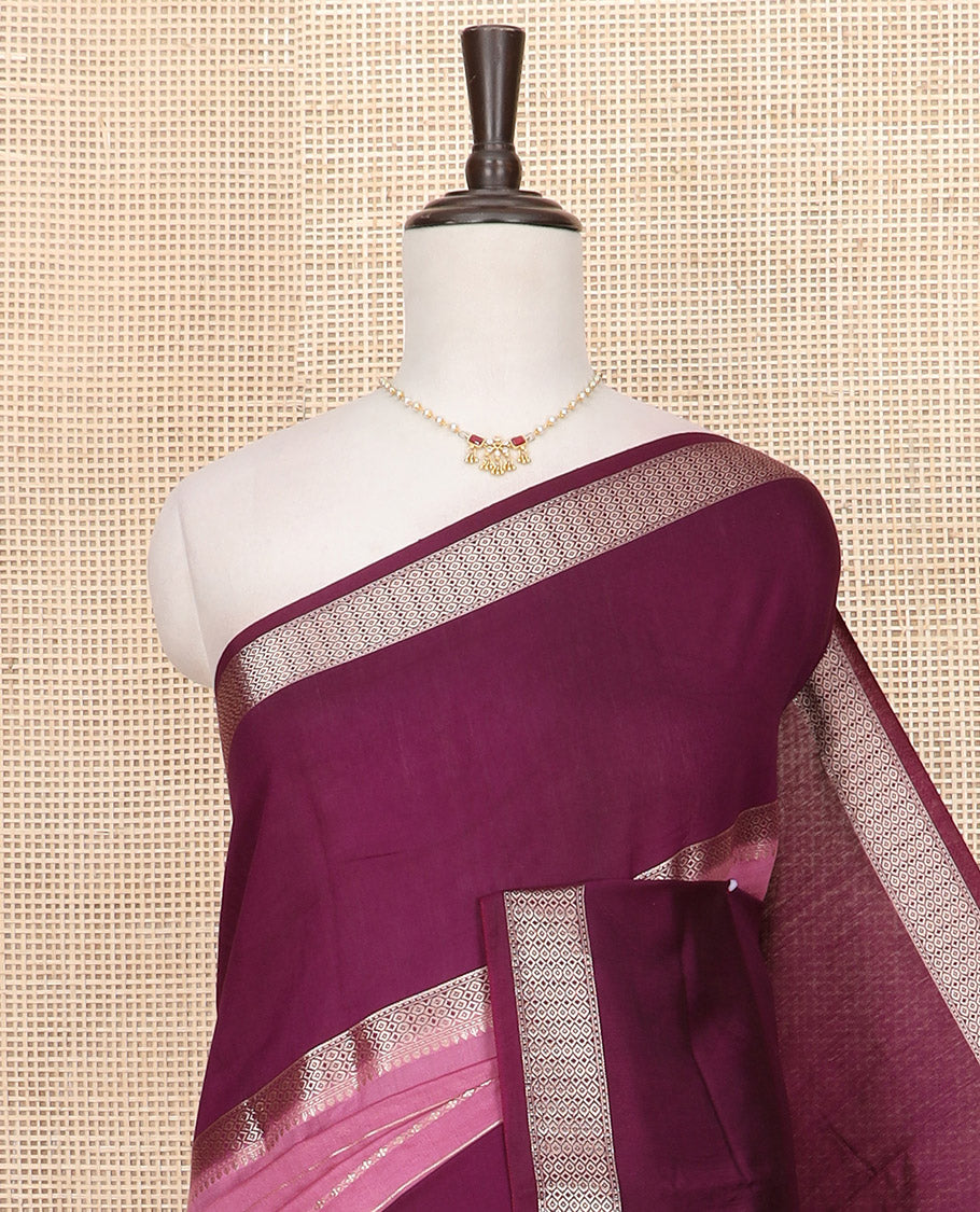 Onion pink zari design woven Assam silk saree, contrast double-sided big border of traditional zari designs, and zari striped pallu