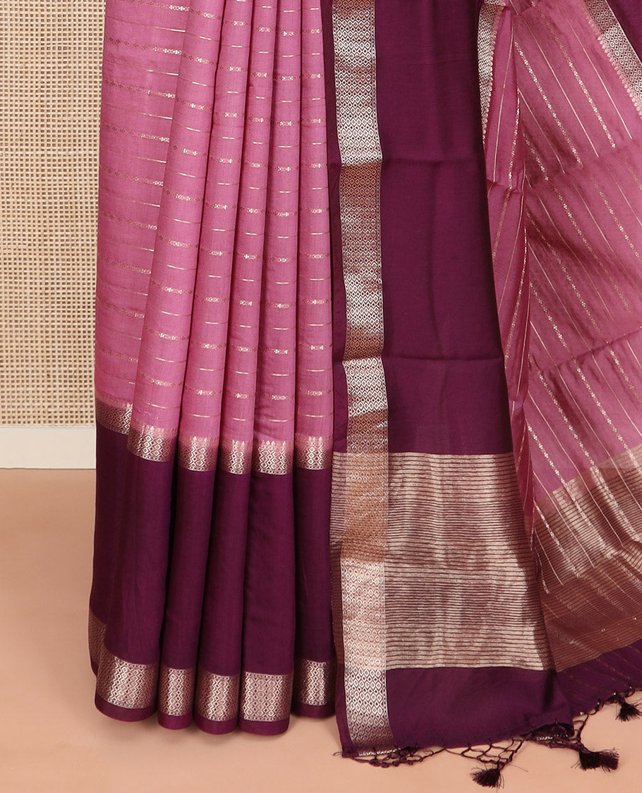 Onion pink zari design woven Assam silk saree, contrast double-sided big border of traditional zari designs, and zari striped pallu