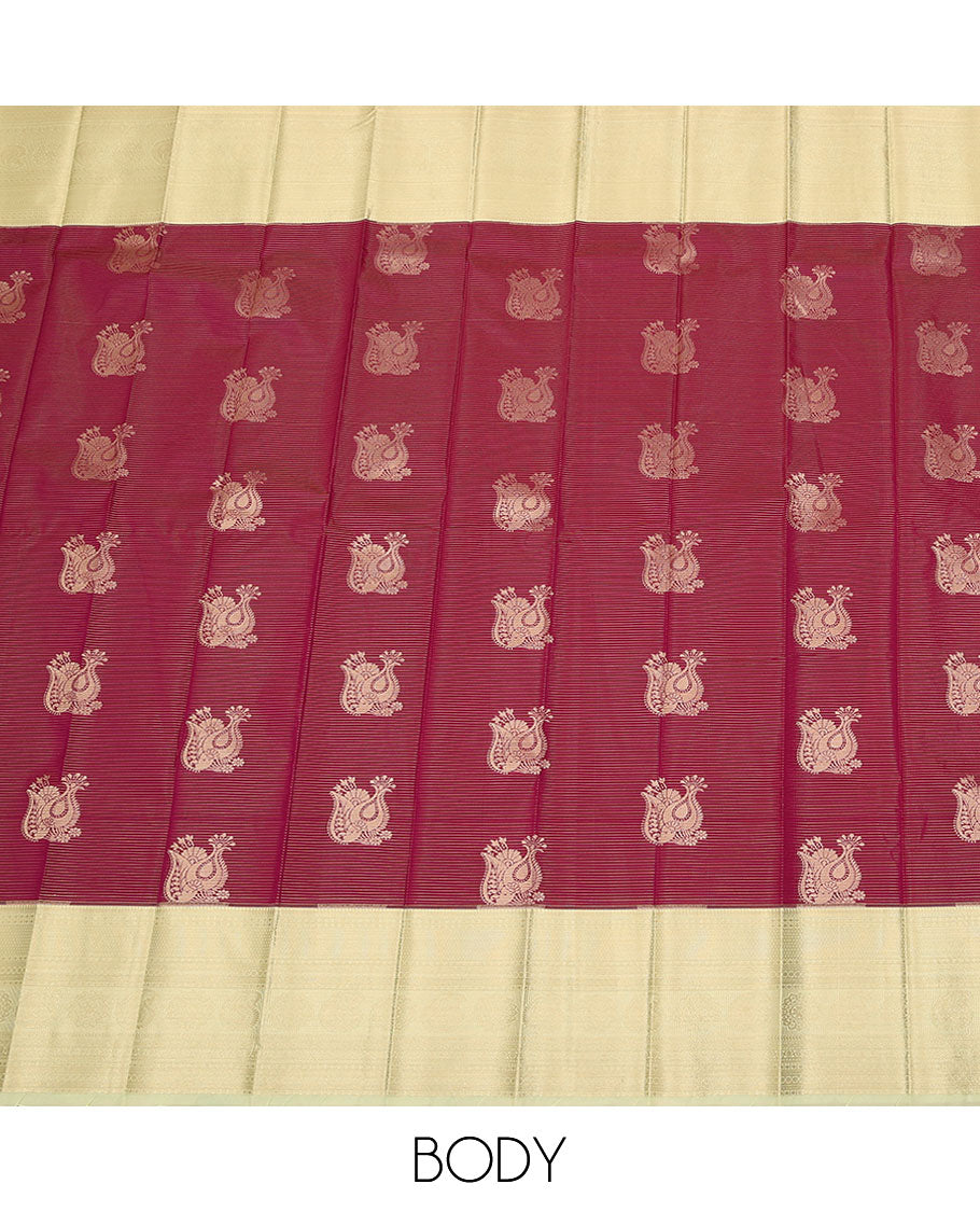 Maroon zari buttas budget silk saree, contrast traditional zari design border, and jaal pallu