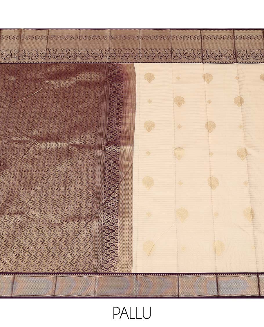 Cream zari buttas and striped gift saree, contrast traditional zari design border, and jaal pallu