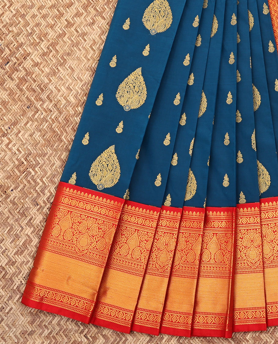 Blue Budget Silk Saree, Gracefully Embellished with Zari Buttas All Over Its Body, Complemented by a Contrast Traditional Zari Design Border, Grand Jaal Pallu, and Paired with a Contrast Blouse