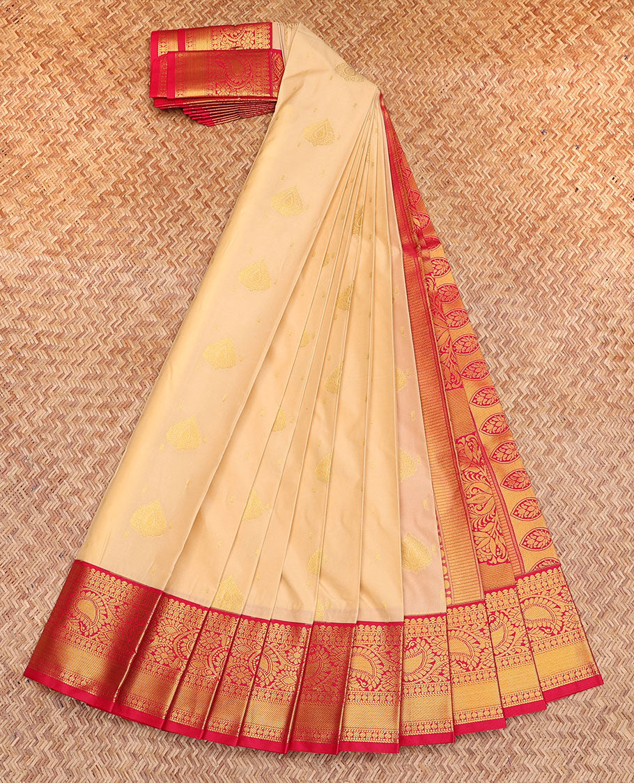 Sandal Budget Silk Saree, Subtly Sparkled with Zari Buttas, Complemented by a Contrast Traditional Border, Intricate Pallu, and a Contrast Blouse