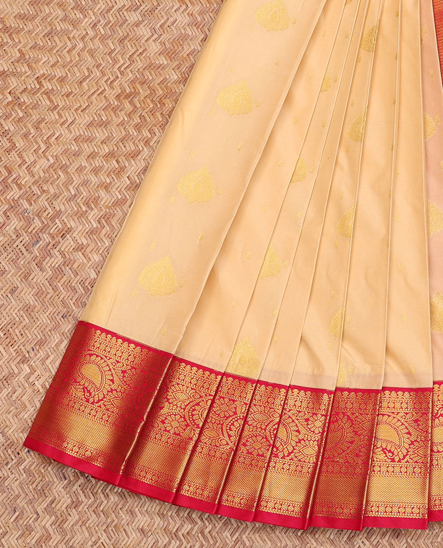 Sandal Budget Silk Saree, Subtly Sparkled with Zari Buttas, Complemented by a Contrast Traditional Border, Intricate Pallu, and a Contrast Blouse