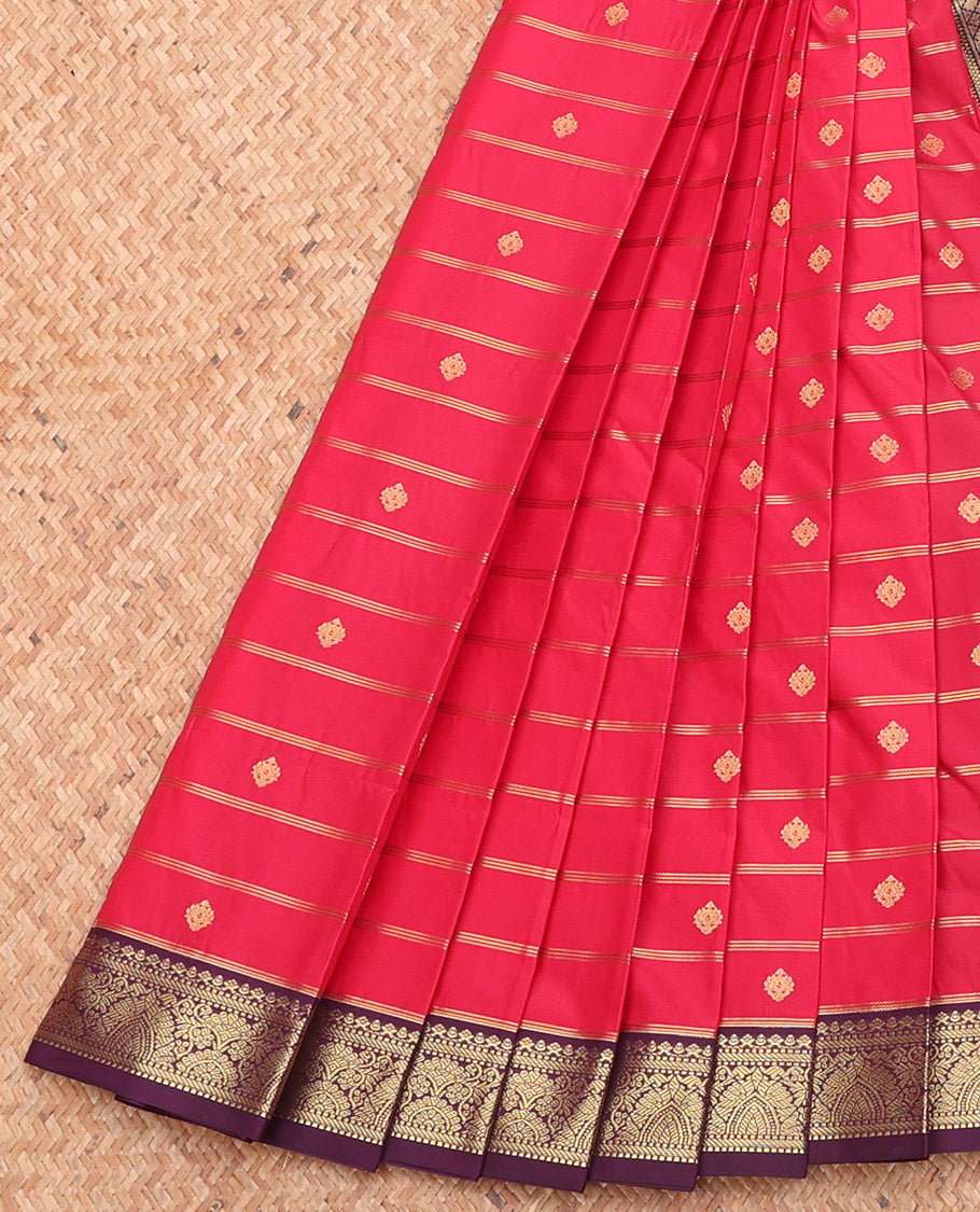 Red Budget Silk Saree, Majestically Detailed with Zari Buttas and Stripes, Complemented by a Contrast Traditional Zari Border, Geometric Pallu, and a Contrast Blouse