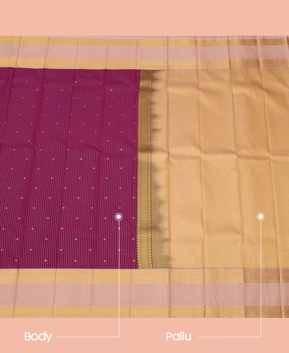 Purple Budget Silk Saree Elegantly Framed with Zari Buttas and Stripes, Complemented by a Contrast Traditional Zari Motif Rettai Pettu Border, Decorated with Pallu of Intricate Designs, and Paired with a Contrast Blouse