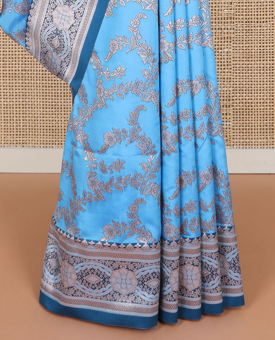 Blue floral jaal design butter silk saree with contrast intricate zari design border & floral design pallu