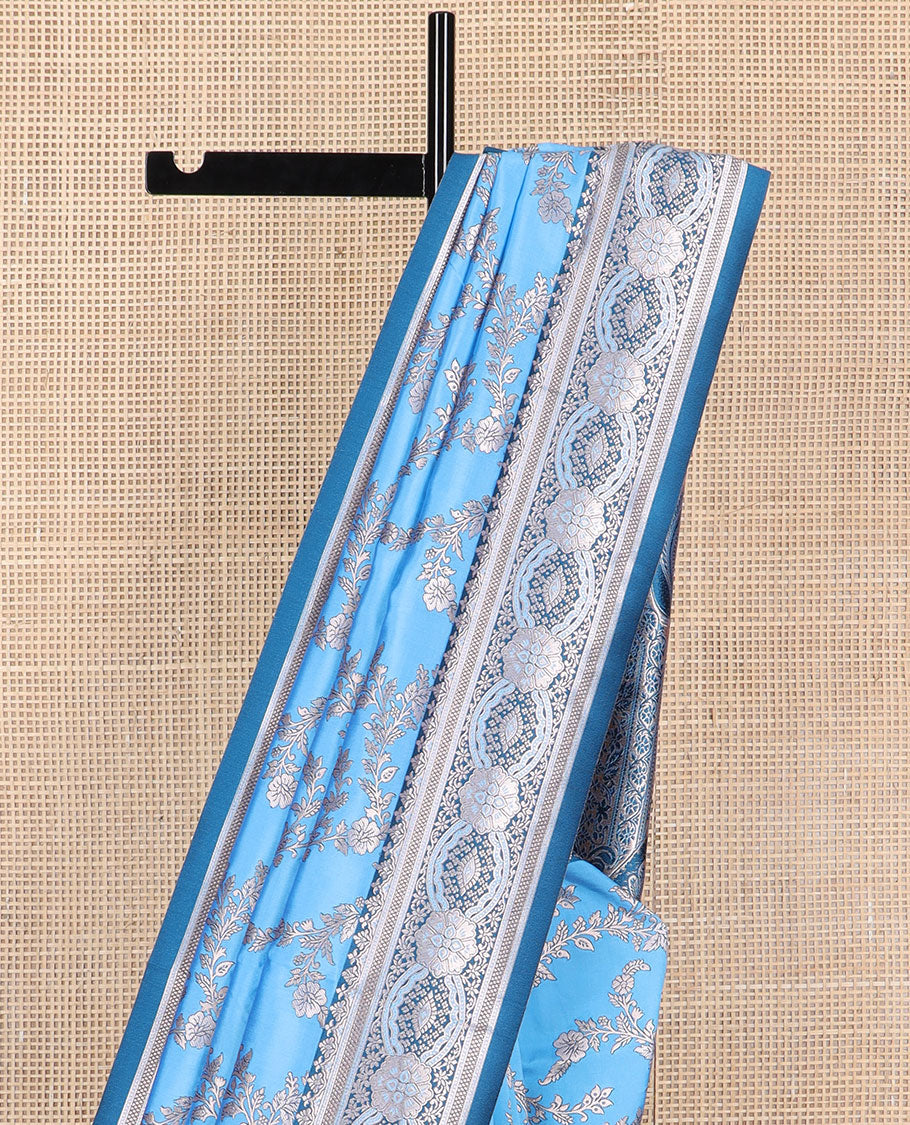 Blue floral jaal design butter silk saree with contrast intricate zari design border & floral design pallu