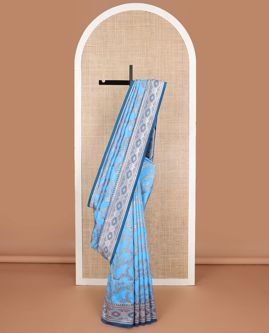 Blue floral jaal design butter silk saree with contrast intricate zari design border & floral design pallu