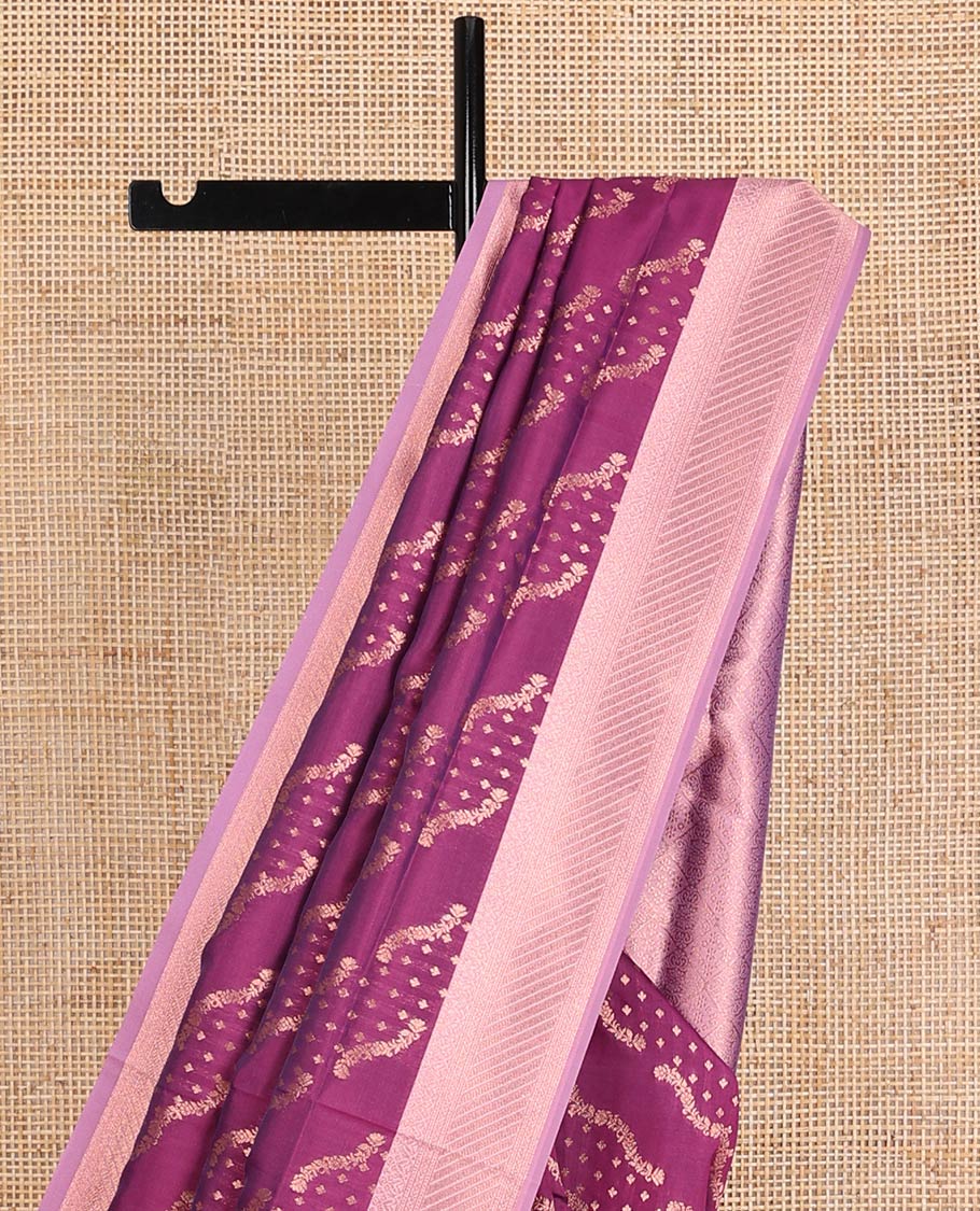 Purple butter silk saree with floral zari designs, contrast traditional zari design & jaal pallu