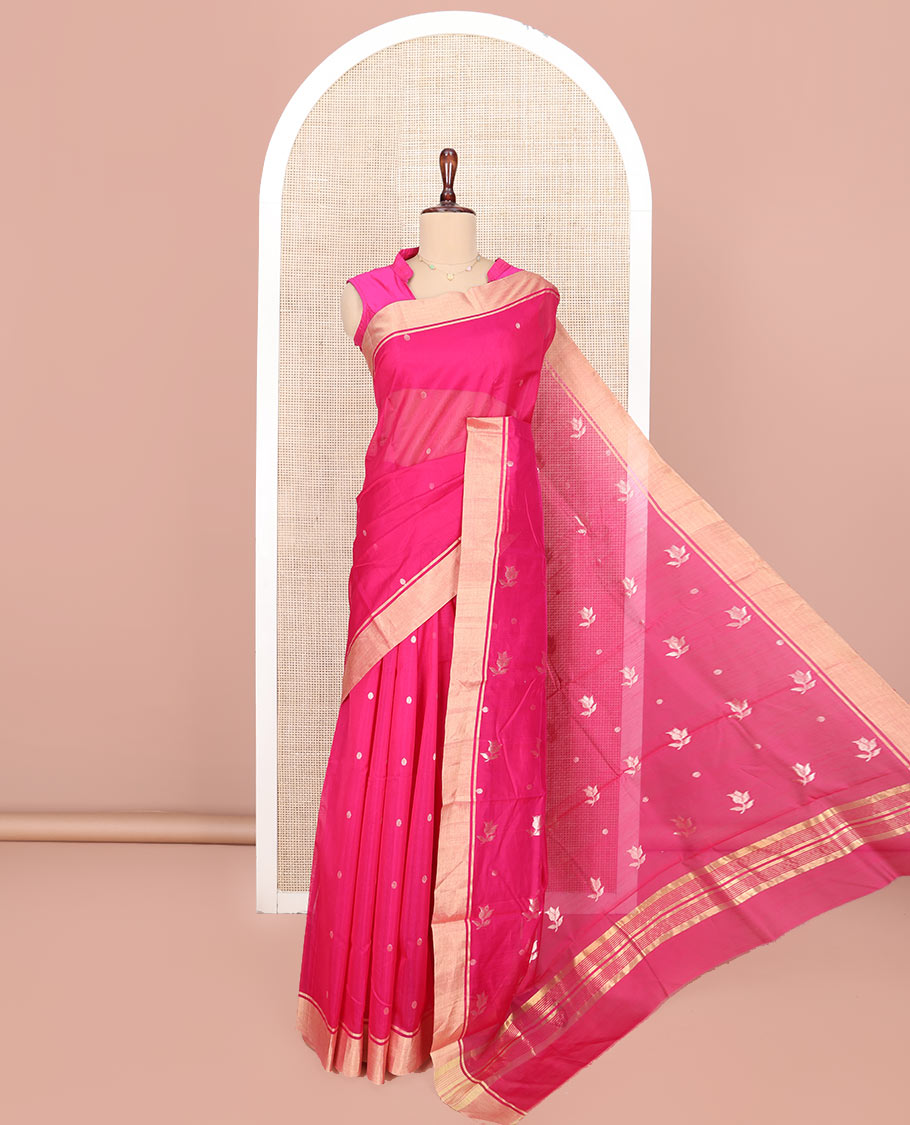 Pink Chanderi Cotton Saree, Decorated with Buttas All Over Its Body, Highlighted by a Zari Border, Pallu Steeped with Buttas, and Paired with a Matching Blouse