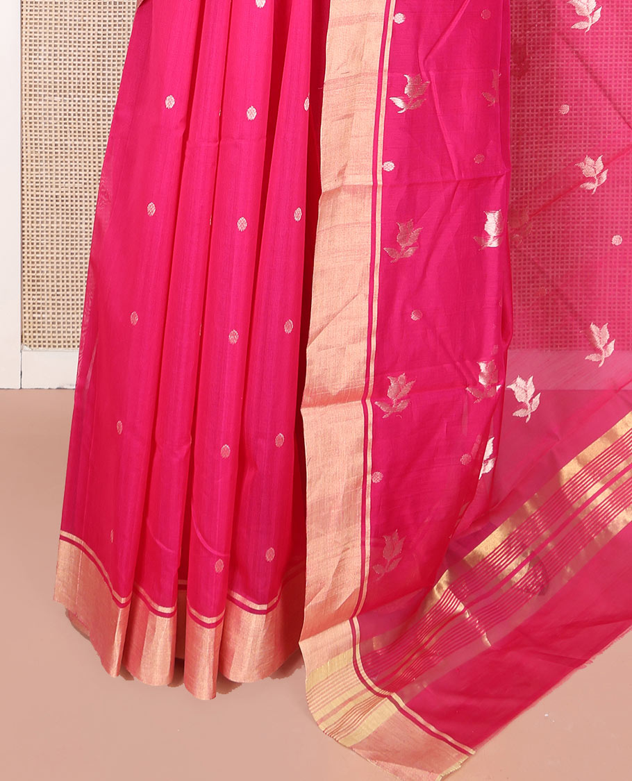 Pink Chanderi Cotton Saree, Decorated with Buttas All Over Its Body, Highlighted by a Zari Border, Pallu Steeped with Buttas, and Paired with a Matching Blouse
