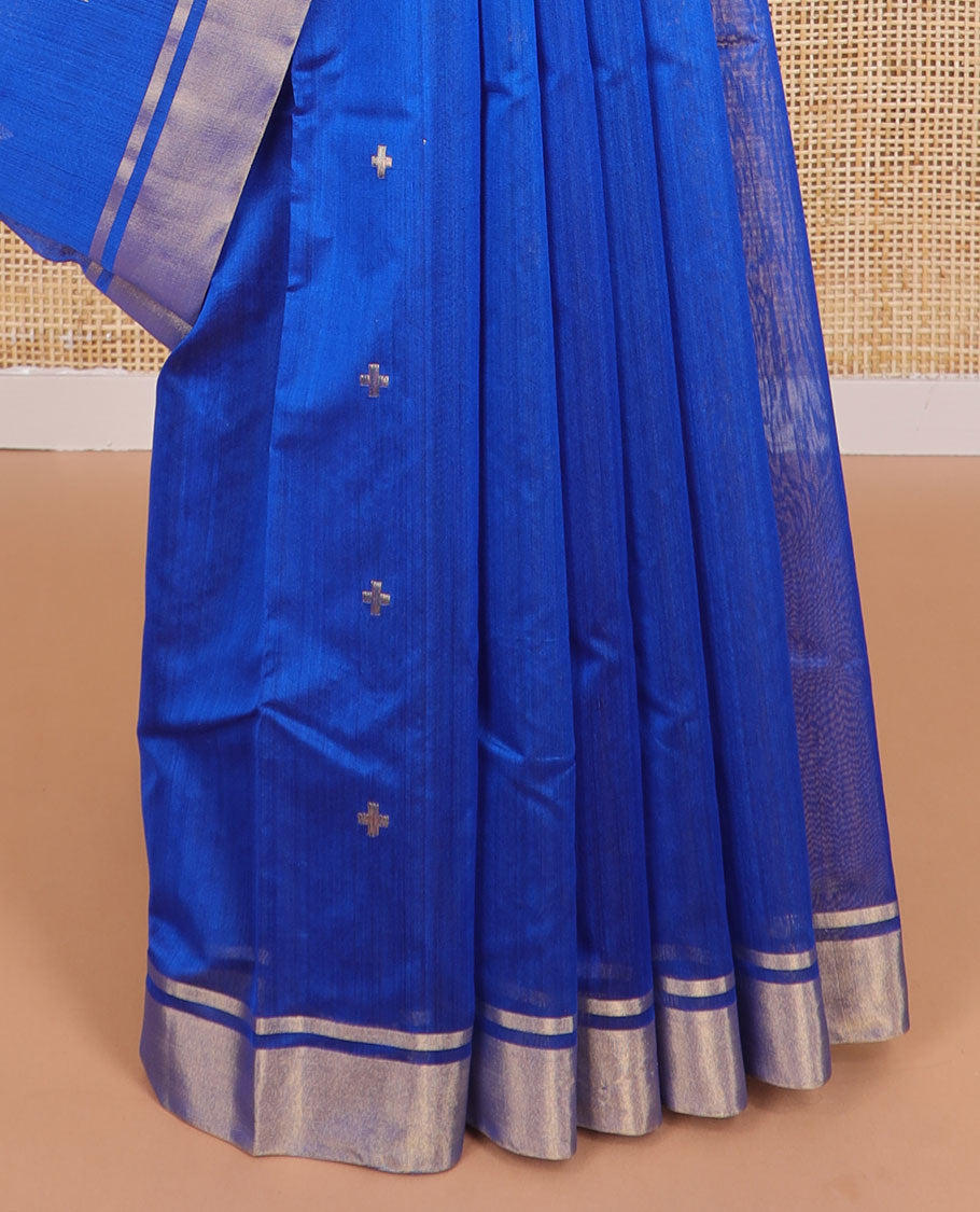 Blue geometric design chanderi cotton saree with self zari border & geometric design pallu