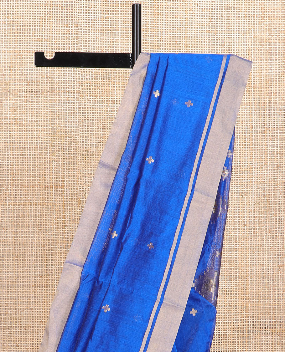 Blue geometric design chanderi cotton saree with self zari border & geometric design pallu