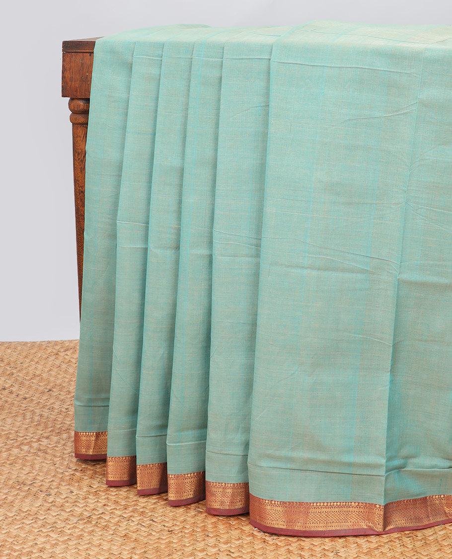 Blue plain mangalagiri cotton saree contrast temple border & striped pallu