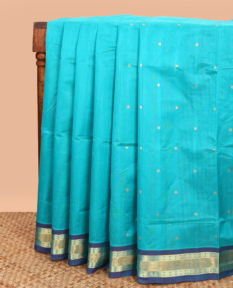 Blue Venkatagiri Cotton Saree, Enthralled with Buttas on Its Body, Complemented by a Contrast Traditional Zari Border, Gleaming Zari-Striped Pallu, and Comes Without a Blouse