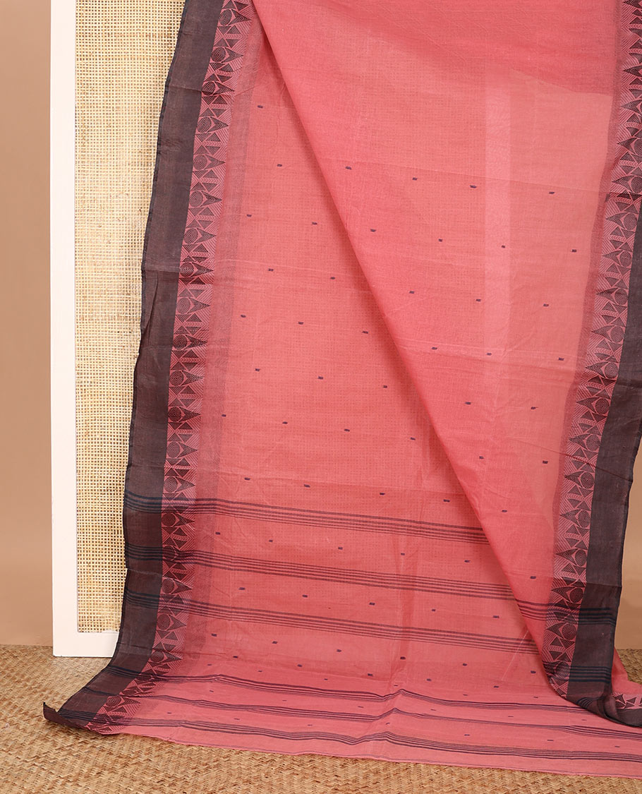 Red buttas Bengal cotton saree, contrast geometric border, and pallu of stripes, and buttas