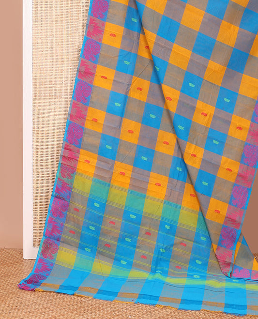 Multi-color checked and buttas Chettinad cotton saree, self-border of temple and peacock, and pallu of stripes and buttas