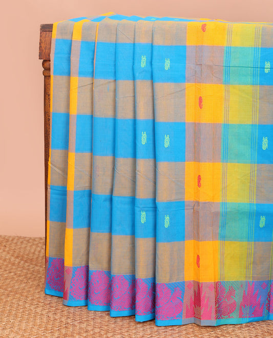 Multi-color checked and buttas Chettinad cotton saree, self-border of temple and peacock, and pallu of stripes and buttas