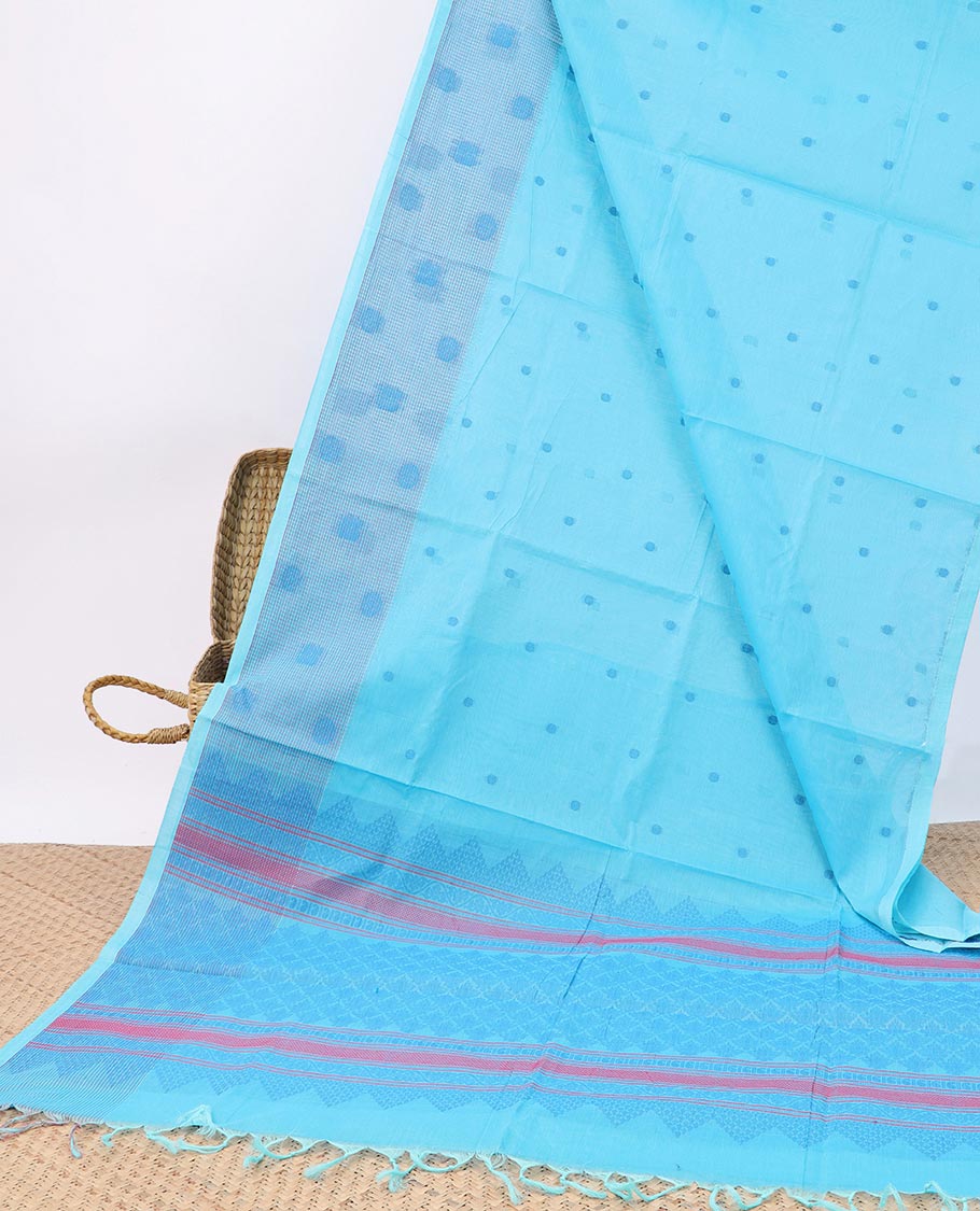 Blue buttas Coimbatore cotton saree, peacock & chakram motifs border & jaal pallu